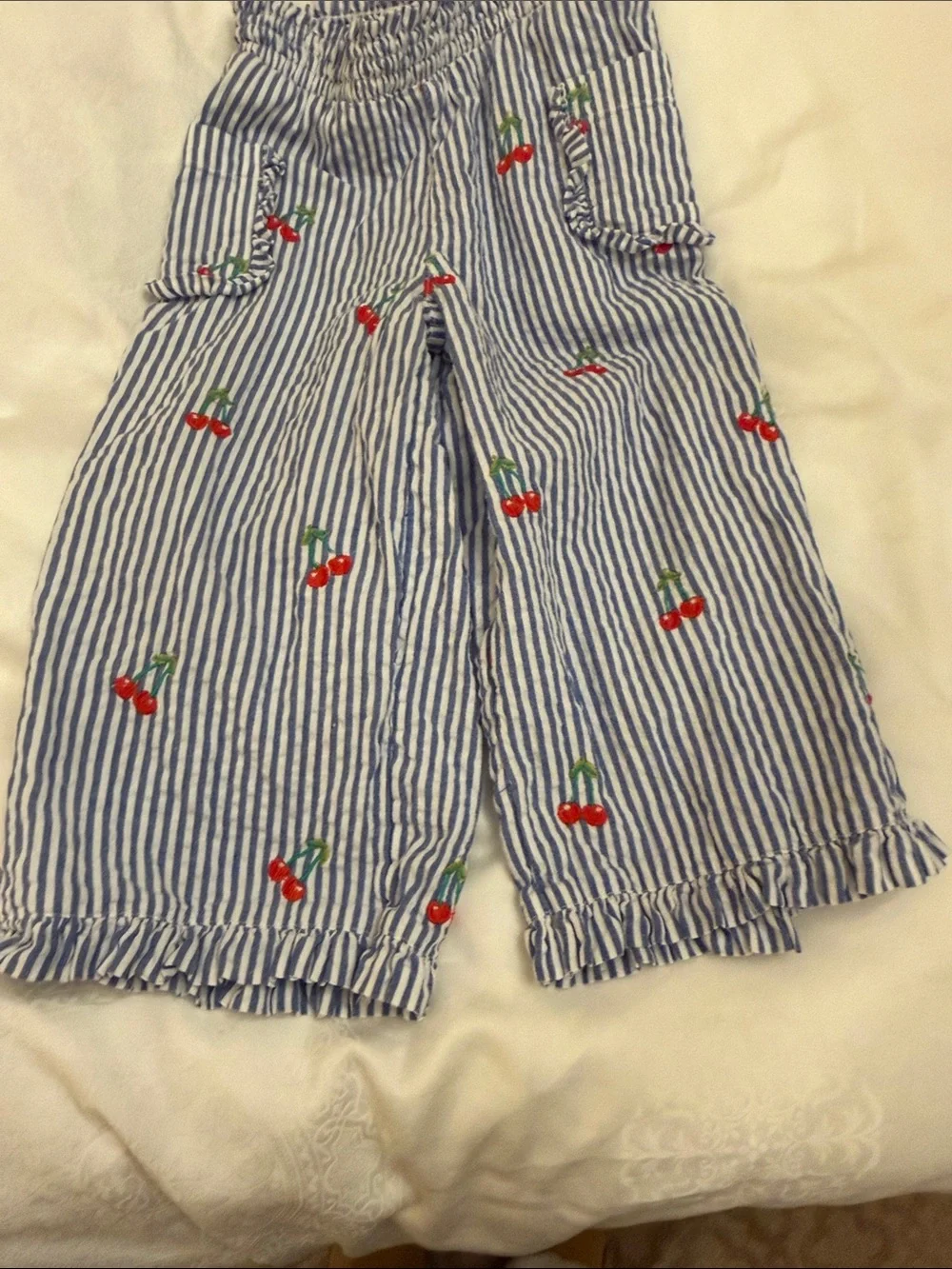 Mini Boden Blue & White Seersucker Striped Cherry Set with Ruffle Detail
